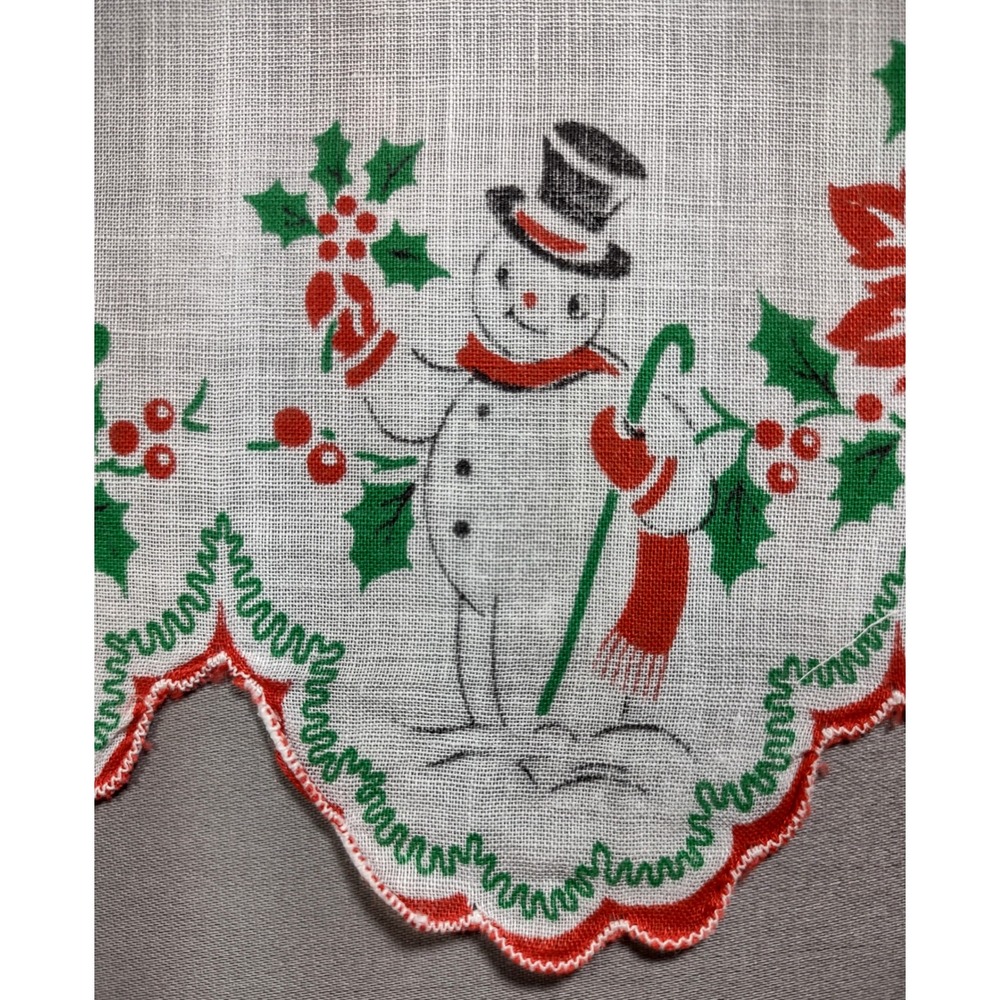 Vtg Printed 1950s Christmas Hanky 13.75 x 13.75 Snowman/woman Poinsettia Hankie - Picture 4 of 5